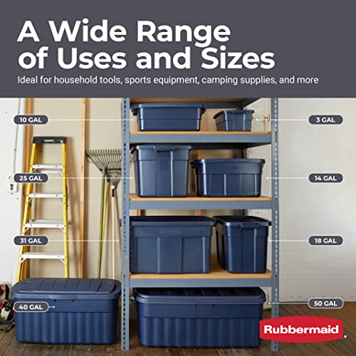 Rubbermaid Roughneck Tote 3 Gal, 6 Pack, Made in USA, Dark Indigo Metallic, Rugged Plastic Stackable Storage Bins with Lids and Handles - size: 3 Gal - 6 Pack