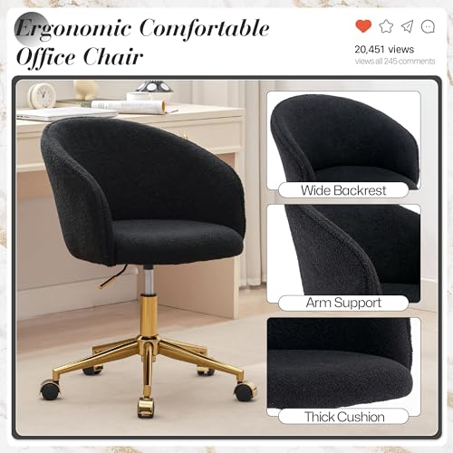 Faux Fur Makeup Vanity Chair,Home Office Desk Chair with Wheels, Blue | Fluffy Swivel Modern Armchair Upholstered Fuzzy Height Adjustable for Teens Women Girls Elegant for Living Room Bedroom - color: Round Black+golden Base