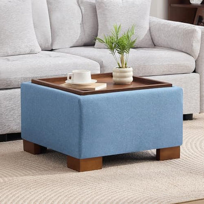 WUTUTUEE 24" Square Ottoman Coffee Table with Storage, Fabric Ottomans with Tray and Solid Wood Legs for Living Room, Bedroom and Apartments, Small Modern Ottoman Tea Table with Lift-Off Lid, Blue - color: 24'' Blue Fabric