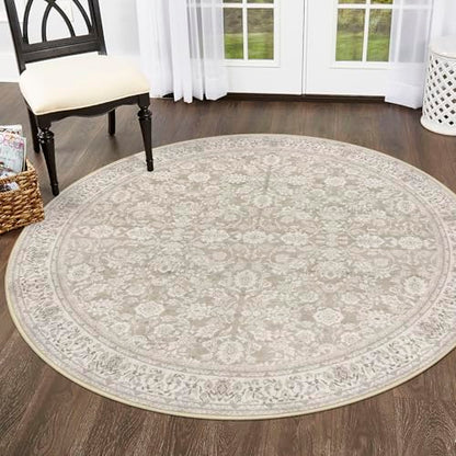 SIILOOM Washable 5ft Circle Round Rug, 5x5 Non-Slip Soft Circular Area Rugs | Cream/Beige/Yellow/White Spill & Stain Resistant Carpet for Living Room Dining RoomUnder Table - color: Cream/Beige/Yellow/White/Grey, size: 5' (Round)
