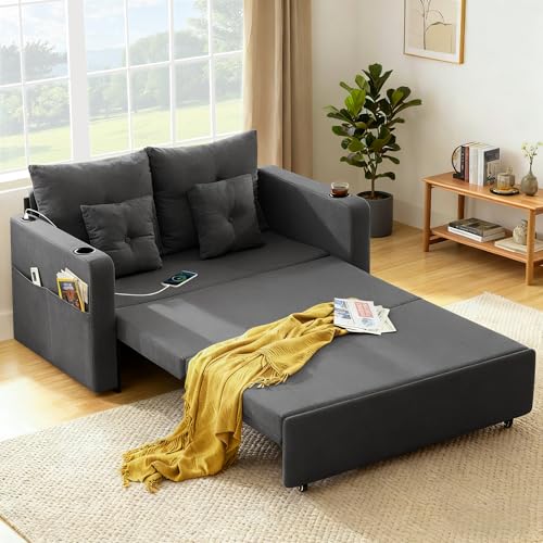 Busaurus 3 in 1 Convertible Sofa Bed, 56" Full Size Loveseat Sleeper Sofa Couch Bed, Sleeper Sofa Bed with Storage Pocket, USB, Comfy Pull Out Sofa Bed for Living Room, Bedroom, Small Space, Dark Grey