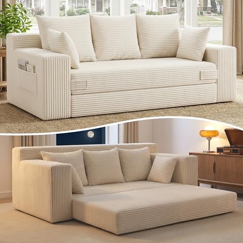 Boneless Couches 70 inch: 3-in-1 Convertible Sofa Bed Futon Couch Bed, Oversized Loveseat Sleeper Sofa with 5 Pillows, Beige Couch for Living Room, Bedroom & Small Space - color: Beige, size: 70 Inch