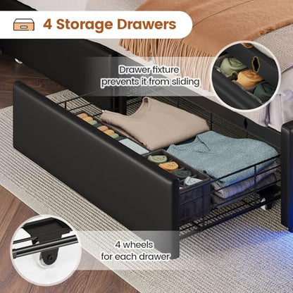 Full Size Bed Frame with Headboard Storage,4 Drawers,Lights,Black PU | LED Bed Frame Full Size with Charging Station, Lights, 5 Shelves, Upholstered Bed with Metal Slats, No Box Spring Needed - color: Black-pu Leather, size: Full