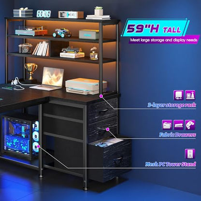 DurayLoly 55" L Shaped Gaming Desk with 3 Fabric Drawers & Shelves | Easy to Assemble Computer Desk with LED Lights, Power Outlet and PC Stand,Home Office Desk for Gaming Room Bedroom,Black - color: Black, size: 18.9"D x 55.1"W x 59"H