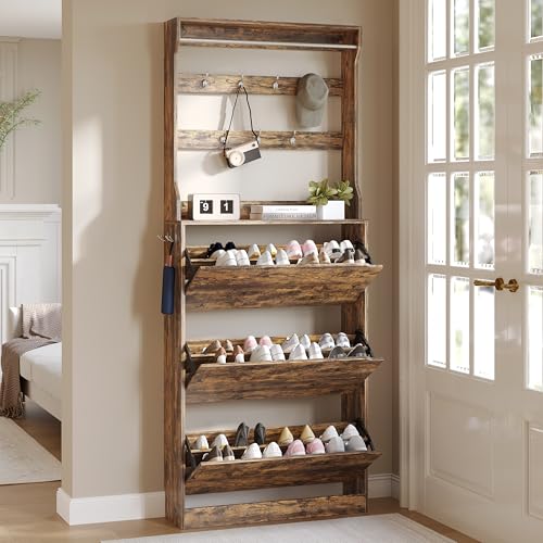Tall Shoe Cabinet with Coat Rack, Hidden Shoe Storage Cabinet with Doors & Drawer, Hanging Bar & Hooks, Slim Narrow Freestanding Shoe Rack Organizer for Entryway, Hallway & Living Room, Brown - color: Brown, style: Tall 3 Drawers