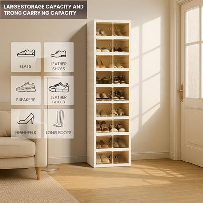 Foldable Shoe Organizer Storage Box, Portable Extra Large Folding Shoe Rack for Closet, Shoe Storage Box with Magnetic Transparent Door and Wheels, 9 Layers 18 Grids - size: White 9 Layers-A