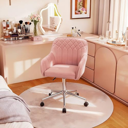 VECELO Modern Velvet Swivel Home Office Desk Chair with Back & Rolling Wheels, Adjustable Seat Height for Girls Women Bed Room Vanity Makeup/Task/Computer Work, Pink - color: Pink