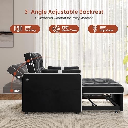 Yaheetech 3 in 1 Sofa Bed Convertible Sleeper Sofa with USB Ports, Black | Velvet Pull Out Couch Folding Loveseat Sleeper, Armrest Pillows, USB Ports, Side Pockets for Living Room Bedroom Apartment - color: Black