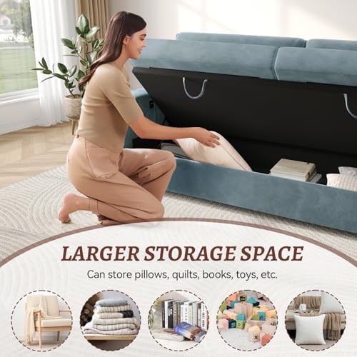 COPIAE Loveseat Sofa, Larger Couch Velvet Fabric with Storage, Charging Ports, Heightened Backrests, Removable Cover Modern Comfy Couches Easy Assembly for Living Room, 88 Inch Blue - color: Blue