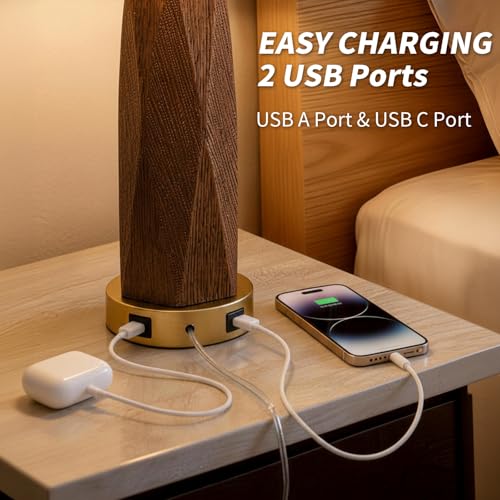 BOBOMOMO 27.5" Table Lamps Set of 2 with USB-A & USB-C Charging Ports, Wood Texture Resin Bedside Lamps with Linen Shade & Rotary Switch, Tall Nightstand Lamps for Bedroom, Living Room Office - color: Wood Grain