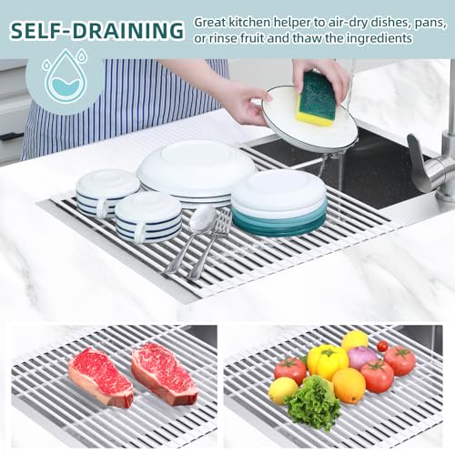 Ohuhu Over Sink Dish Drying Rack, 17.6" W x 15.4" L Roll Up Dish Racks Kitchen Sink Organizer Silicone Wrapped Large in Sink Dish Drying Rack Foldable Rolling Drain Mats Anti-Slip - color: White, size: 17.6"W x 15.4"L