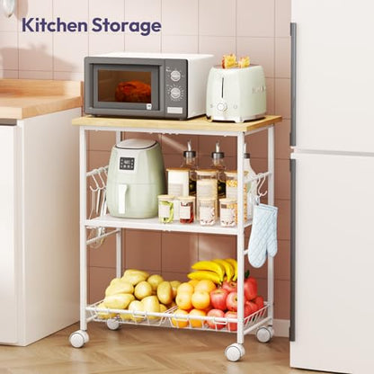 SWTYMIKI Rolling Kitchen Microwave Cart - 3 Tier Microwave Table Stand with Storage Basket and Hooks, Kitchen Utility Cart on Wheels, Coffee Cart Shelf Rack Organizer for Living Room Office, Balcony - color: White