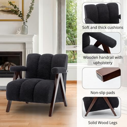 Mid Century Modern Accent Chairs Set of 2 with Solid Wood Frame, Boucle Upholstered Living Room Chairs with Thick Cushion, Comfy Tufted Arm Chair for Bedroom, Black - color: Black, size: 1-seater, 2-piece set