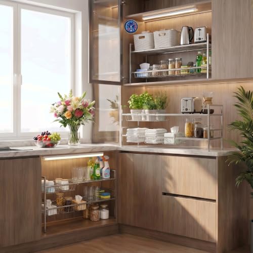 Under-Sink Organizer 2-Tier Expandable Cabinet Storage (5 panels 5baskets) | LED Motion-Sensing Auxiliary Lighting Dial Thermometer Stainless Steel Telescopic & Adjustable Rust-Resistant - size: 5 panels 5baskets