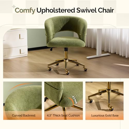 VINGLI Modern Curved Office & Vanity Desk Chair, Cute Upholstered Nail Chair with Wheels & 360° Swivel & Club & Tilting & Gold Base, for Bedroom, Living Room, Makeup, Velvet Chenille, Green - color: Green