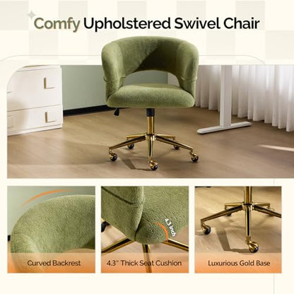 VINGLI Modern Curved Office & Vanity Desk Chair, Cute Upholstered Nail Chair with Wheels & 360° Swivel & Club & Tilting & Gold Base, for Bedroom, Living Room, Makeup, Velvet Chenille, Green - color: Green