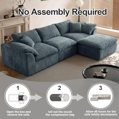 Cloud Couch Sectional for Living Room, Modular L Shaped Boneless Sofa with Chaise, Compressed No Assembly Couch, Deep Seat Chenille Upholstered Convertible Sofa Bed (Blue) - color: Blue