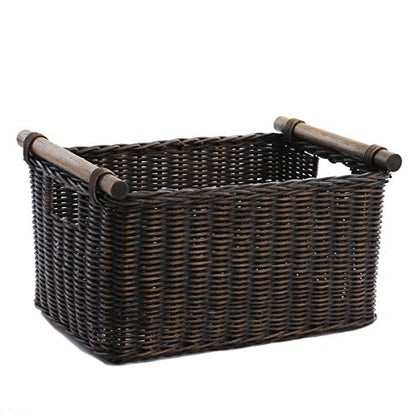 The Basket Lady Pole Handle Wicker Storage Basket, S, Walnut Brown | Outside: 14" L x 10" W x 7.5" H | Inside: 12"L x 8.5"W x 7"H - Handcrafted by artisans from natural rattan - color: Antique Walnut Brown, size: Small