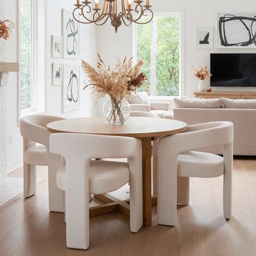 HNY Modern Linen Barrel Single Dining Chair, Ivory | Upholstered Accent Armchair With Wide Seat Elegant Design For Living Room Bedroom Vanity And Small Spaces - color: Ivory Linen