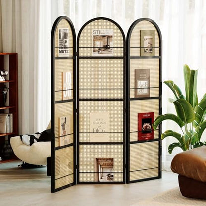 Rattan Room Divider with Built-in Bookshelf | Foldable Privacy Screen & Portable Partition for Home Office, Bedroom, Reading Nook | Wooden Frame, Freestanding Design (Black-Rattan) - color: Black-rattan
