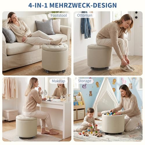 18.9 Inch Round Storage Ottoman with Wheels, Hidden Storage with Removable Lid, Stylish Button Tufted Design Ottoman for Living Room, Bedroom, Linen, Beige - color: Beige-1