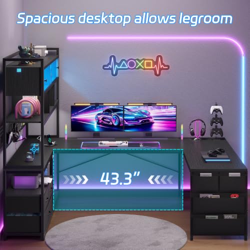 busyeah U-Shaped Gaming Desk with Storage Shelves & 3 Drawers, Black | Reversible Computer Desk with LED Lights & Charging Station, Gaming Desk with Hutch and Pegboard for Home Office, Gamers - color: Black