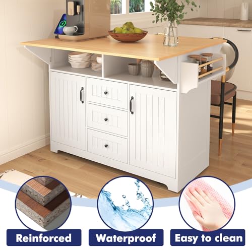 Rolling Kitchen Island with 2 Drop Leaf and Power Outlet, Island Table on Wheels with Towel Rack and Spice Rack, Kitchen Cart with Storage Cabinet and Drawers (White) - color: White