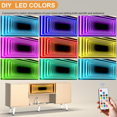 Lightdot 55" Fluted Small Walnut TV Stand with Outlet & Fireplace Light | Media Console with Storage, Mid Century Cabinet Fits 55-65" TV, for Living Room/Bedroom/Sofa Cabinet,Easy Assembly - color: Walnut-mirror/55"