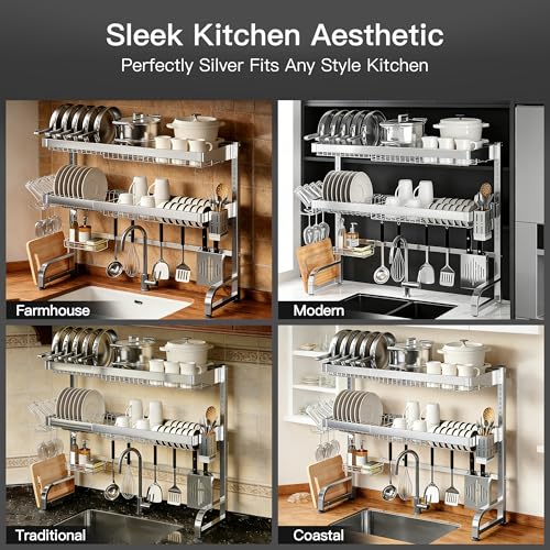 3 Tier Extra Large Stainless Steel Over The Sink Dish Drying Rack | Rust Proof Metal, Expandable Kitchen Sink Drainer, Counter Space Saving, Heavy Duty, Modern Silver, Multifunctional Storage - color: Silver, size: Over Sink 3 Tier