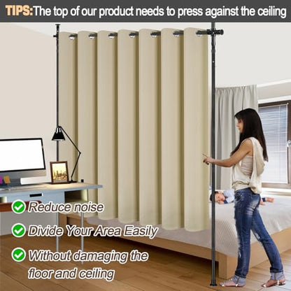 Room Divider Curtain and Rod Set - 6 x 10.2FT Adjustable Wall Divider Rod & Soft Privacy Curtains, Portable Easy to Install Room Separations for Room Blackout