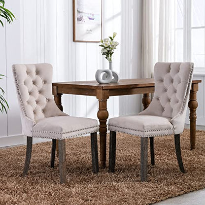 Virabit Tufted Velvet Upholstered Chairs Set of 2, Nailhead Back and Ring Pull Trim, Solid Wood Chairs for Kitchen/Bedroom/Dining Room (Beige) - color: Beige, size: set of 2
