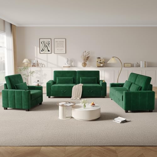 COPIAE Loveseat Sofa, Larger Couch Velvet Fabric with Storage, Charging Ports, Heightened Backrests, Removable Cover Modern Comfy Couches Easy Assembly for Living Room, 88 Inch Green - color: Green
