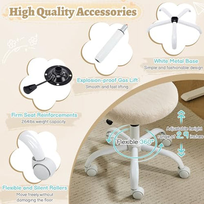 VINGLI Small Vanity Chair with Faux Fur Wheels for Girls,Cute Adjustable Height Armless Office Desk Chair,360°Swivel Comfy Rolling for Study,Make up Room,Small Space,Khaki - color: Furry Khaki