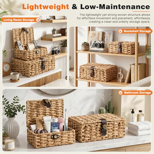Water Hyacinth Wicker Storage Baskets with Magnetic Lids, Set of 2 | 2-Piece handwoven water hyacinth boxes with magnetic lids and metal frames for shelves, coffee tables, and consoles
