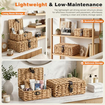 Water Hyacinth Wicker Storage Baskets with Magnetic Lids, Set of 2 | 2-Piece handwoven water hyacinth boxes with magnetic lids and metal frames for shelves, coffee tables, and consoles