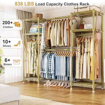 E7 Garment Rack, Heavy Duty Clothes Storage System with Extendable Rod | Metal Clothing Rack with 6 Wire Shelves, Freestanding Portable Closet Wardrobe for Hanging Clothes, Load 838lbs, Gold - color: Gold