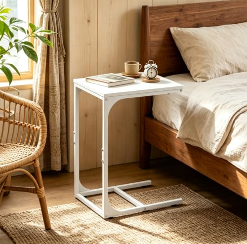 WLIVE C-Shaped End Table Set of 2, Small Couch Side Tables with Metal Frame, Sofa Table TV Tray for Living Room, Bedroom, White - color: White