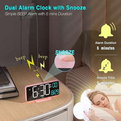 Clock for Bedroom, 6.7in Digital Alarm Clock, Auto Dimming, Room Temperature, Day of The Week, Seconds, Date, Alarm Clocks for Bedrooms, Digital Clocks for Living Room - color: Pink (White + Blue Digits)
