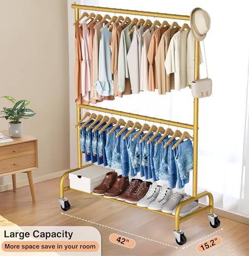 MISSLO Gold Clothing Racks for Hanging Clothes Heavy Duty Clothes Rack Double Garment Rack Metal Rolling Coat Rack Closet Wardrobe Rack on Wheels - color: Gold