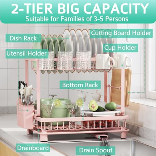Multifunctional Dish Drying Rack - Rustproof, 2-Tier Dish Racks with Drainboard, Space-Saving Design, Utensil & Cup Holder for Kitchen Counter, Pink - color: Pink