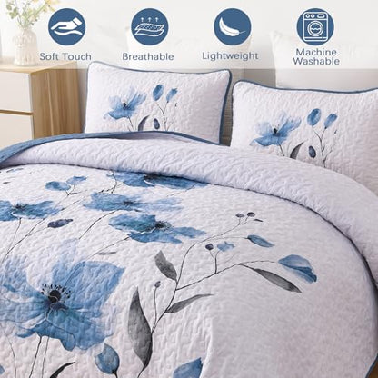 Mybedsoul Full/Queen Quilt Set Blue, 3 Pcs Soft Bedspreads & Coverlets Set | Summer Lightweight Farmhouse Botanical Bedding Set with 2 Shams, Reversible Polyester Coverlet Set for All Seasons, 96"x90" - color: Blue, size: Queen96"x90"