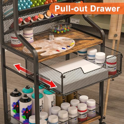 Small Rolling Utility Cart with Drawer, Metal Craft Storage Cart with Lockable Wheel, Versatile Art Organizer with 6 Tiers & Removable Dividers for Drawing Room, Store Paint & Artifact, Patent Pending - size: 3 Tiers
