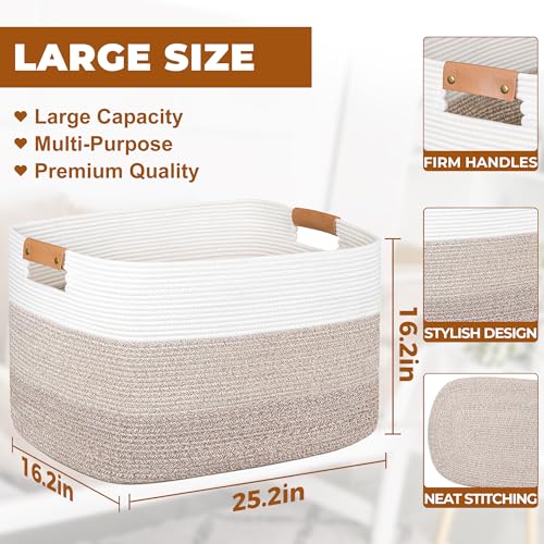 108L Large Blanket Basket for Living Room, Woven Storage Basket with Leather Handles, Cotton Rope Storage Organization in Nursery for Toys & Clothes 25 ''* 16 ''*16 '', Gradient Brown - color: Gradient Brown, size: 108L