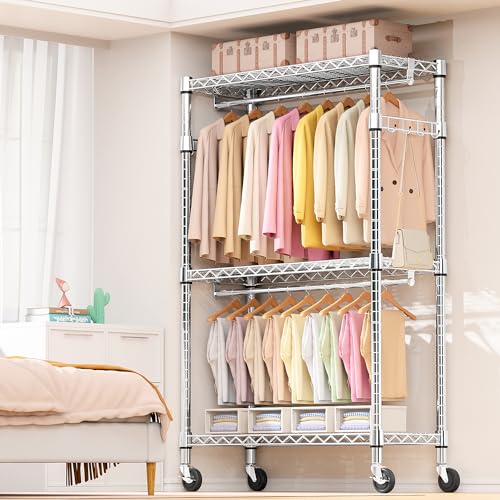 M MZG Heavy Duty Rolling Garment Rack 3 Tiers Adjustable Wire Shelving Clothes Rack with 2 Rods and Side Hooks, Storage Closet Clothing Rack with Wheels Chrome 17.7" D x 47.2" W x 83.6" H - color: Chrome, size: 3 Tiers with 2 rods, 17.7"D x 47.2"W x 83.6"