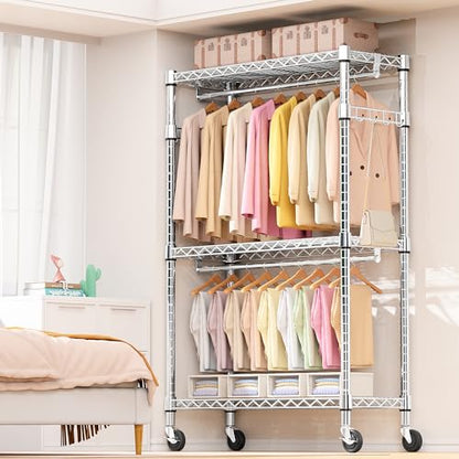 M MZG Heavy Duty Rolling Garment Rack 3 Tiers Adjustable Wire Shelving Clothes Rack with 2 Rods and Side Hooks, Storage Closet Clothing Rack with Wheels Chrome 17.7" D x 47.2" W x 83.6" H - color: Chrome, size: 3 Tiers with 2 rods, 17.7"D x 47.2"W x 83.6"