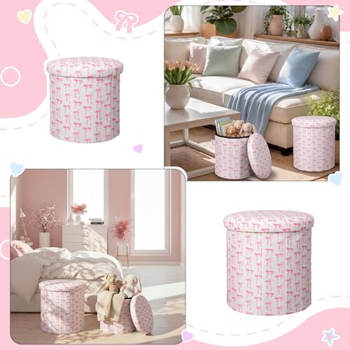 Geetery 2 Pcs Dorm Ottoman with Storage Set Pink Bow Ottoman | Vanity Stool with Storage for Bedroom Coffee Table Small Coquette Foot Stool for Girls Living Room College Dorm Essentials - style: Pink Bow Pattern