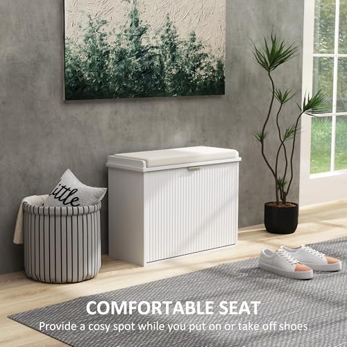HOMCOM Narrow Shoe Bench with Padded Cushion 24.4x10.2x18.7 Inches White | Shoe Storage Cabinet, Flip-Drawer, Adjustable Shelf, Small Entryway Bench, Holds up to 265lb - color: White, size: 24.4" x 10.2" x 18.7"