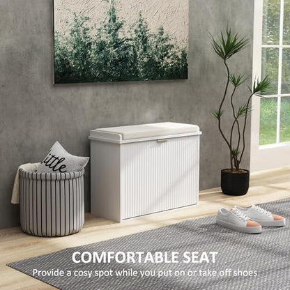 HOMCOM Narrow Shoe Bench with Padded Cushion 24.4x10.2x18.7 Inches White | Shoe Storage Cabinet, Flip-Drawer, Adjustable Shelf, Small Entryway Bench, Holds up to 265lb - color: White, size: 24.4" x 10.2" x 18.7"