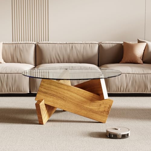 Honyee Modern Round Coffee Table, 30.7" x 30.7" x 16.1" Tempered Glass Top for Living Room, Color: Natural Wood - color: Natural Wood