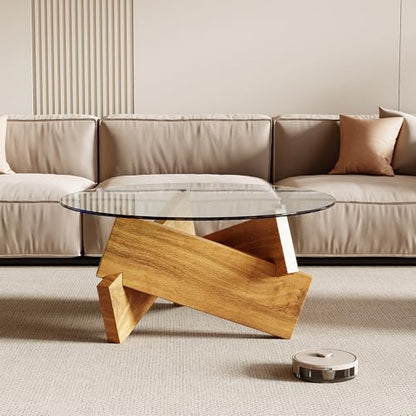 Honyee Modern Round Coffee Table, 30.7" x 30.7" x 16.1" Tempered Glass Top for Living Room, Color: Natural Wood - color: Natural Wood
